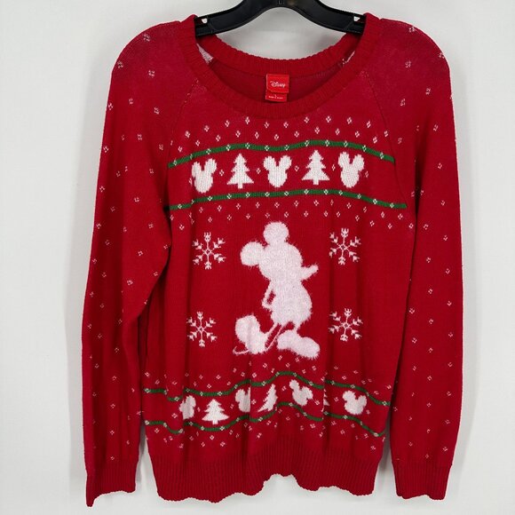Disney Mickey Mouse Christmas Sweater L Holiday Fair Isle Print Snowflake Red - Picture 2 of 9